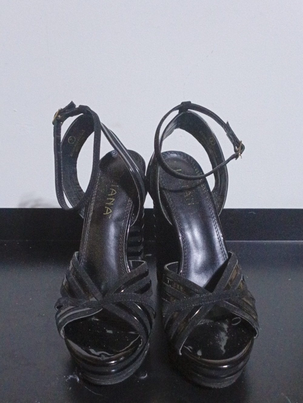 Liliana Black Patent Strappy Ankle‑Wrap Platform Heels